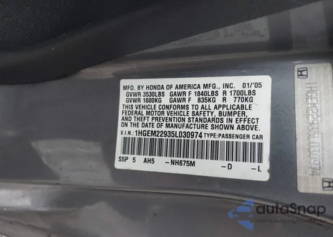 2005 Honda Civic Ex из США, поврежденный, VIN 1HGEM22935L030974